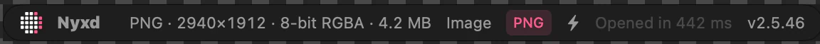 Nyxd Editor's status bar reading PNG, 2940 by 1912, 8-bit RGBA, 4.2 MB, opened in 442 milliseconds