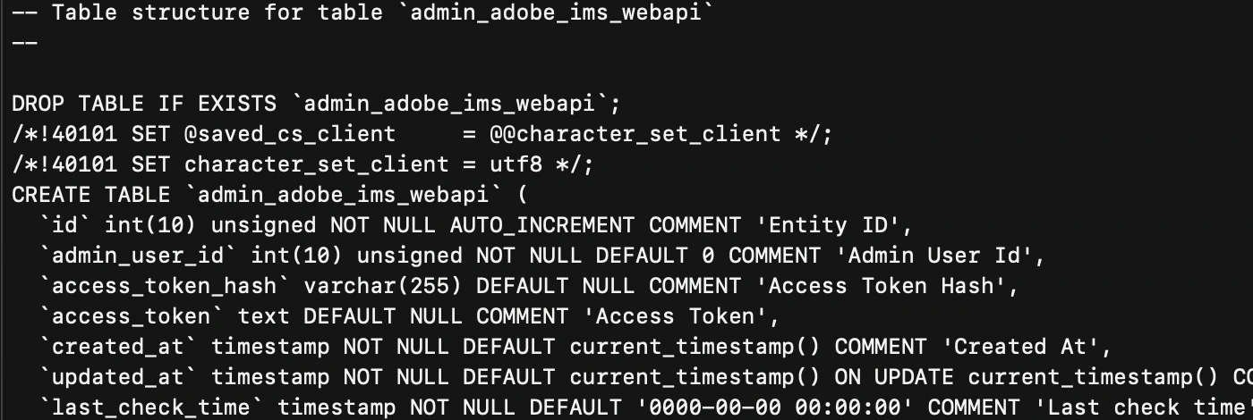 Close-up of a MariaDB dump in Nyxd Editor showing a CREATE TABLE statement, syntax highlighted