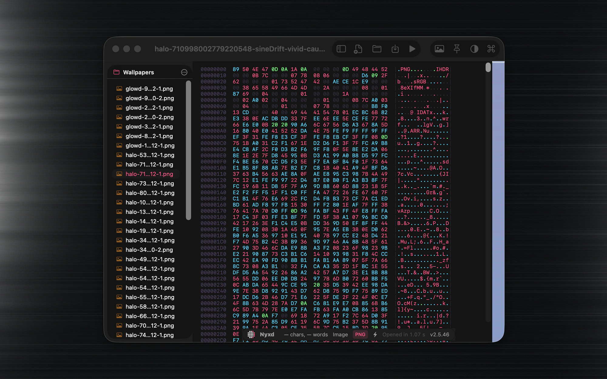 Nyxd Editor showing a PNG as a hex and ASCII dump, PNG and IHDR magic bytes visible at offset zero, with a folder sidebar listing the other wallpapers