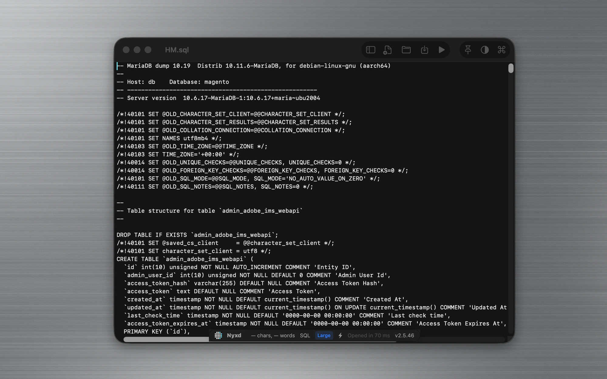 Nyxd Editor showing a 6.98 GB MariaDB dump, syntax highlighted, with a Large badge and an open time of 70 milliseconds in the status bar